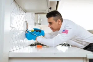 Emilio, a Sarasota Mister Sparky electrician, installing a kitchen outlet while wearing gloves.