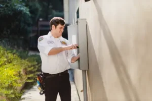Pete, a Sarasota Mister Sparky electrician, working on an outdoor electrical panel.